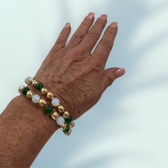 2 Natural Jade & Opaline Wire Bangle Bracelets Matching Earrings GIFTS UNDER $20 - Picture 3 of 5